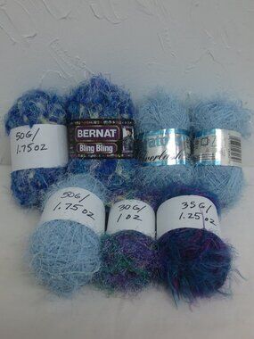 NEW Bernat Patons Yarn Blues Silver Lot of 7 Skeins Mixed Bling Fancy 315 Grams